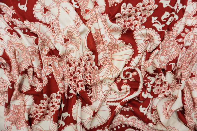 Red Silk Floral Printed Interlock Knit Fabric