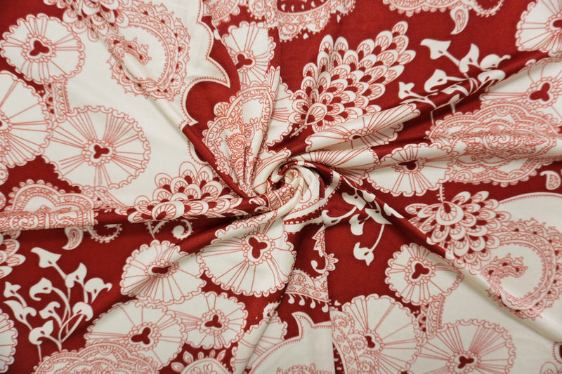 Red Silk Floral Printed Interlock Knit Fabric