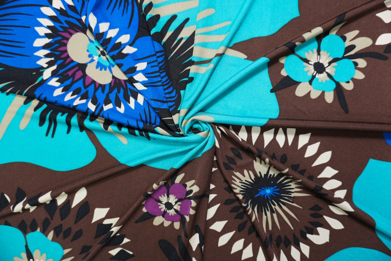 Brown Silk Floral Printed Interlock Knit Fabric