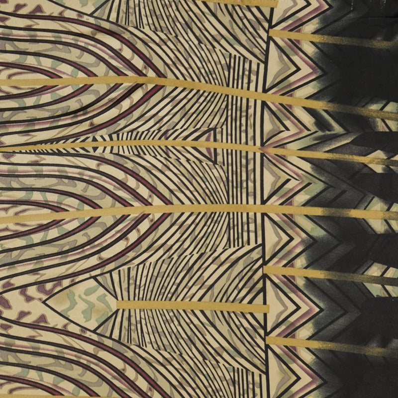Beige-Black Silk Aztec Border Stripe Print Interlock Knit Fabric