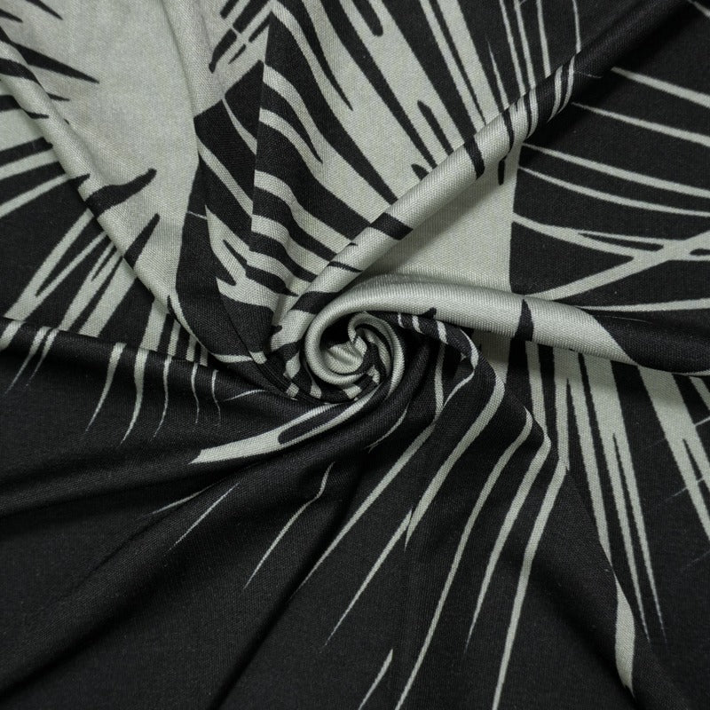 Black Silk Spandex Stretch Leaves Printed Interlock Knit Fabric