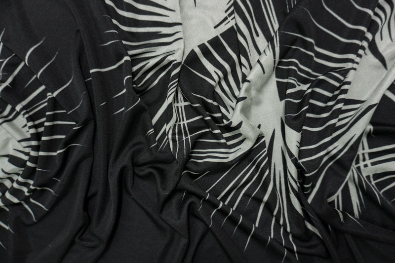 Black Silk Spandex Stretch Leaves Printed Interlock Knit Fabric