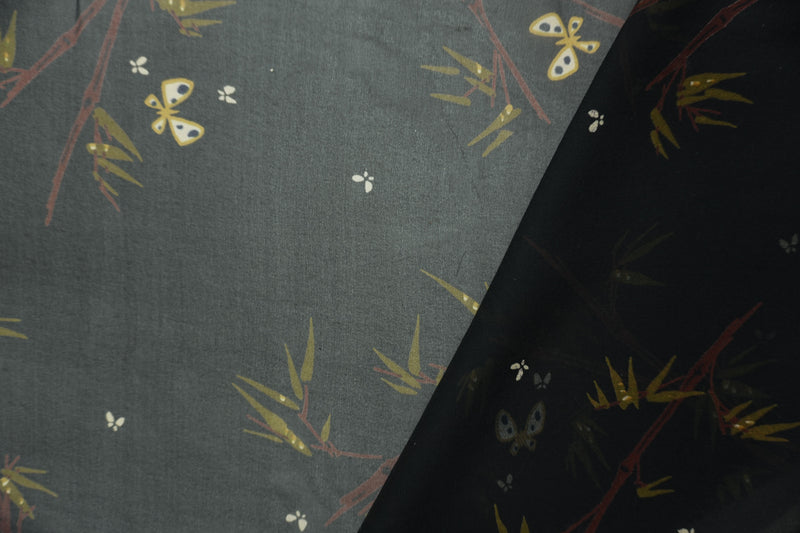 Black Silk Bamboo and Butterfly Printed Chiffon Woven Fabric
