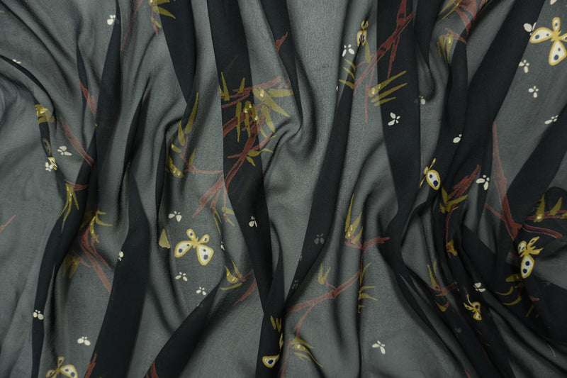 Black Silk Bamboo and Butterfly Printed Chiffon Woven Fabric