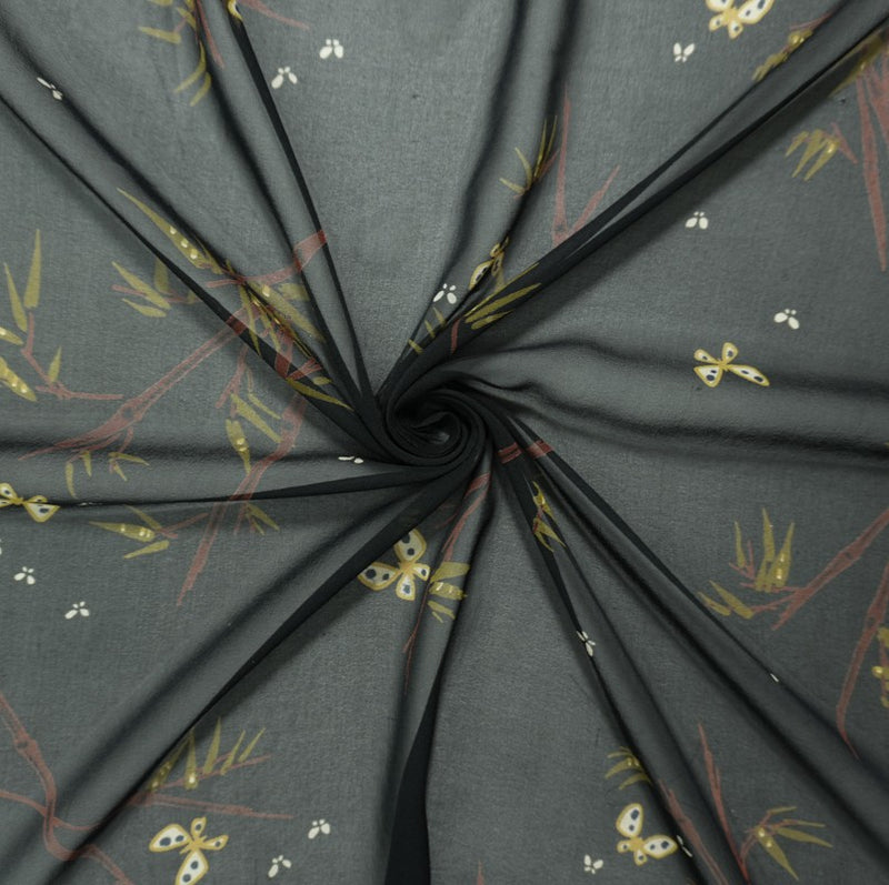 Black Silk Bamboo and Butterfly Printed Chiffon Woven Fabric