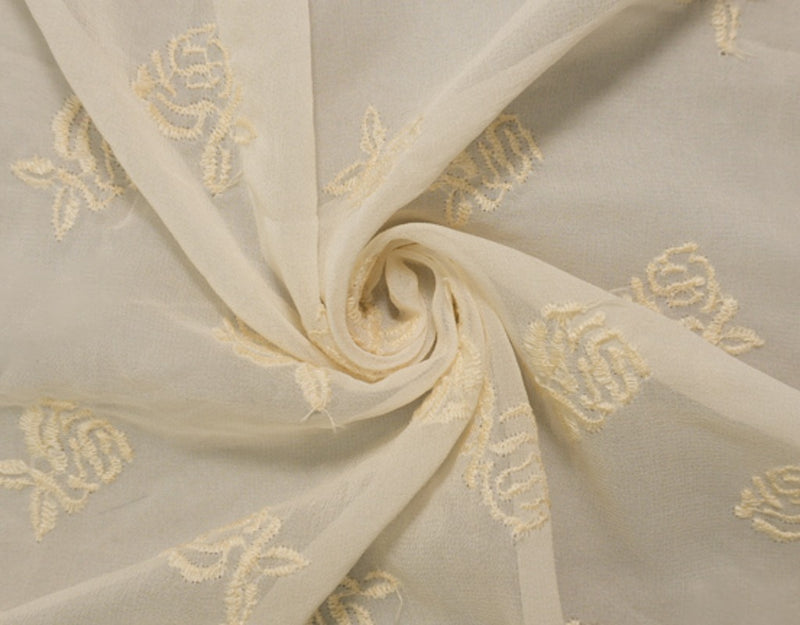 Beige Silk Floral Embroidered Chiffon Woven Fabric