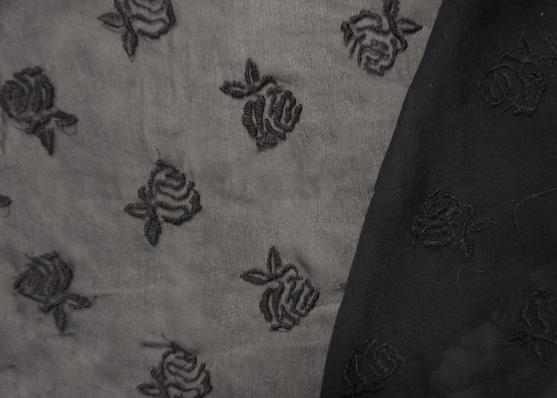 Black Silk Floral Embroidered Chiffon Woven Fabric