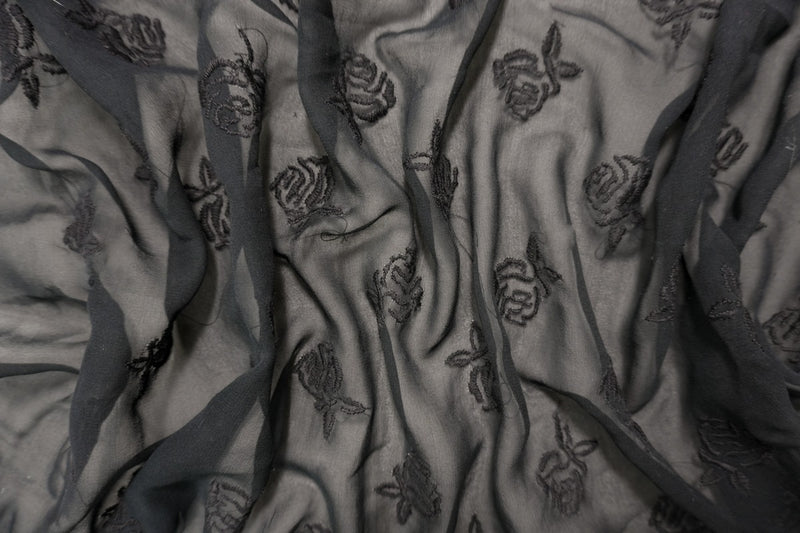 Black Silk Floral Embroidered Chiffon Woven Fabric