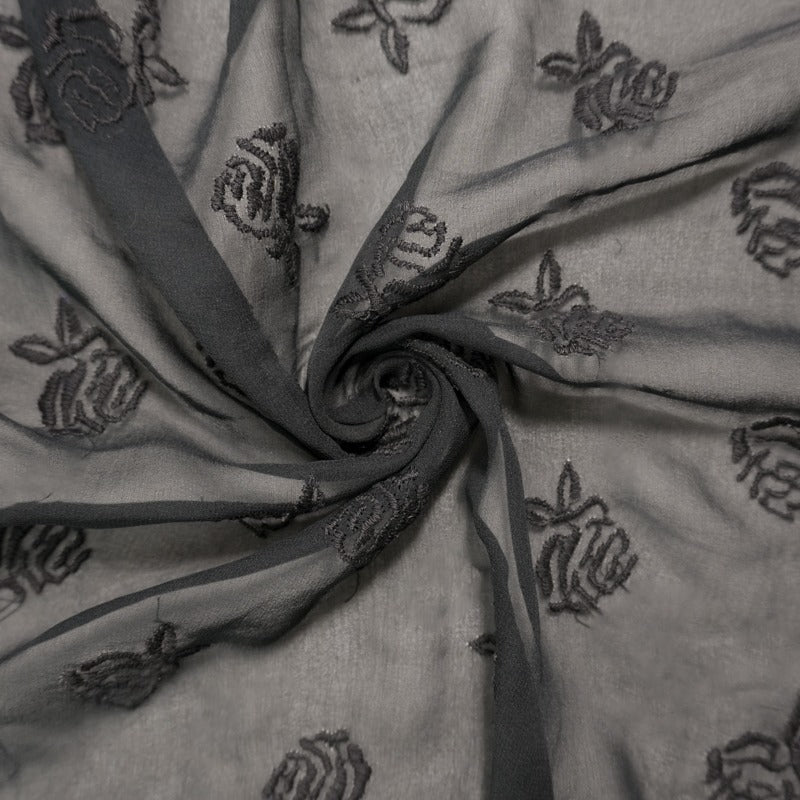 Black Silk Floral Embroidered Chiffon Woven Fabric