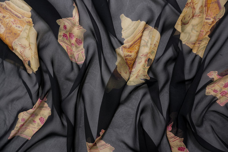 Black Silk Elephant Printed Chiffon Woven Fabric