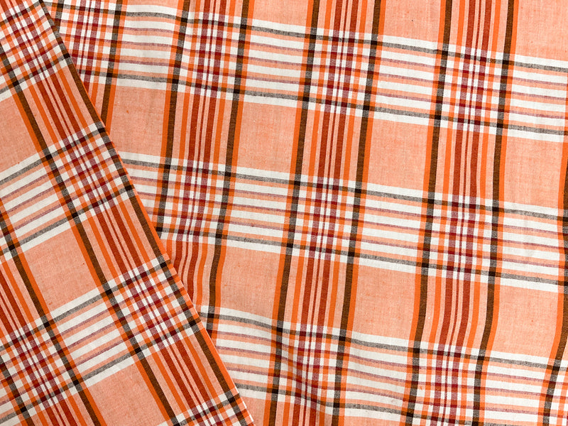 Orange Cotton Spandex Stretch Plaid Madras Woven Fabric