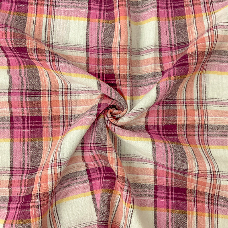 Pink-Silver-Multi Cotton Lurex Plaid Crinkled Gauze Woven Fabric