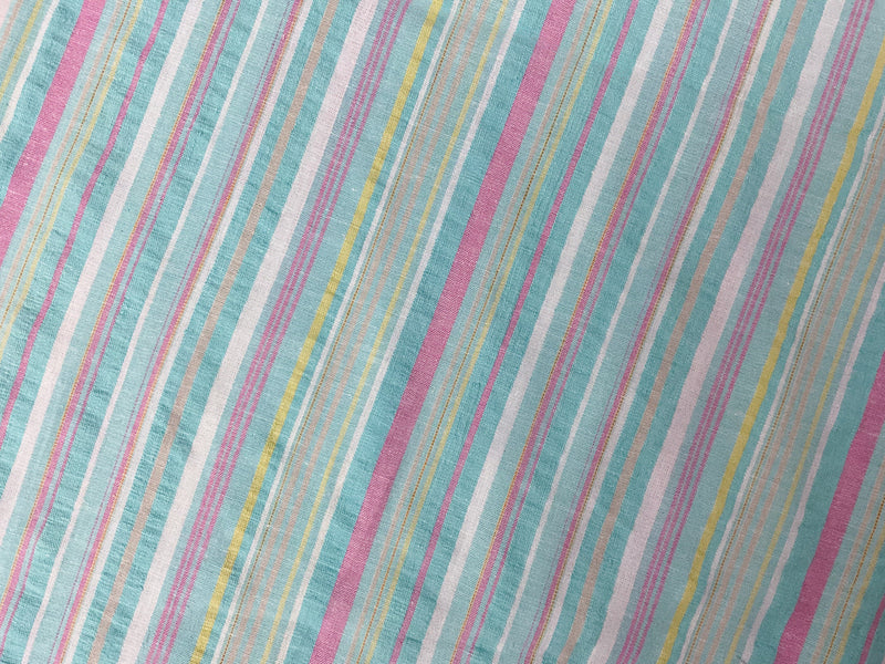 Teal-Multi Cotton Stretch Stripe Crinkled Woven Fabric