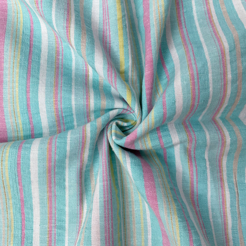 Teal-Multi Cotton Stretch Stripe Crinkled Woven Fabric