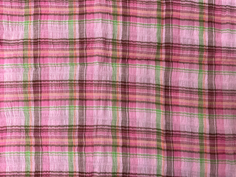 Pink-Multi Cotton Plaid Crinkled Leno Gauze Woven Fabric