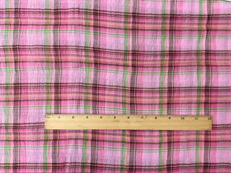 Pink-Multi Cotton Plaid Crinkled Leno Gauze Woven Fabric
