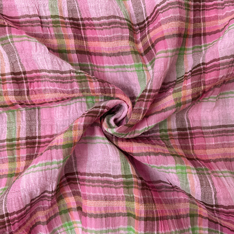 Pink-Multi Cotton Plaid Crinkled Leno Gauze Woven Fabric