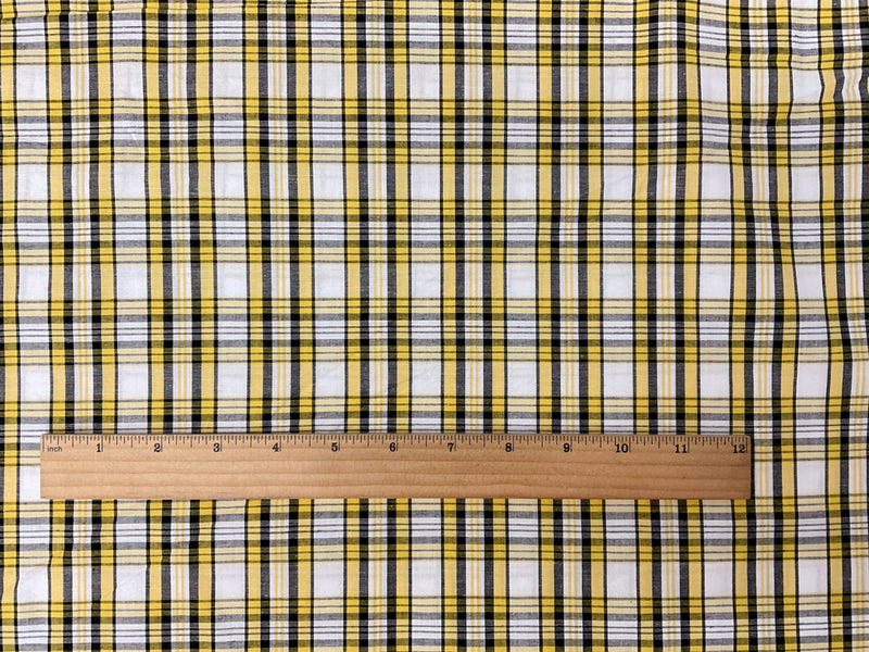 Yellow-Black-White Cotton Stretch Plaid Madras Woven Fabric