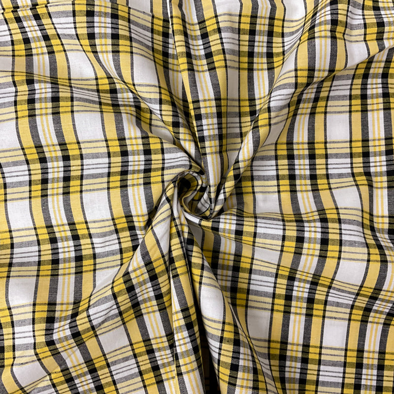Yellow-Black-White Cotton Stretch Plaid Madras Woven Fabric