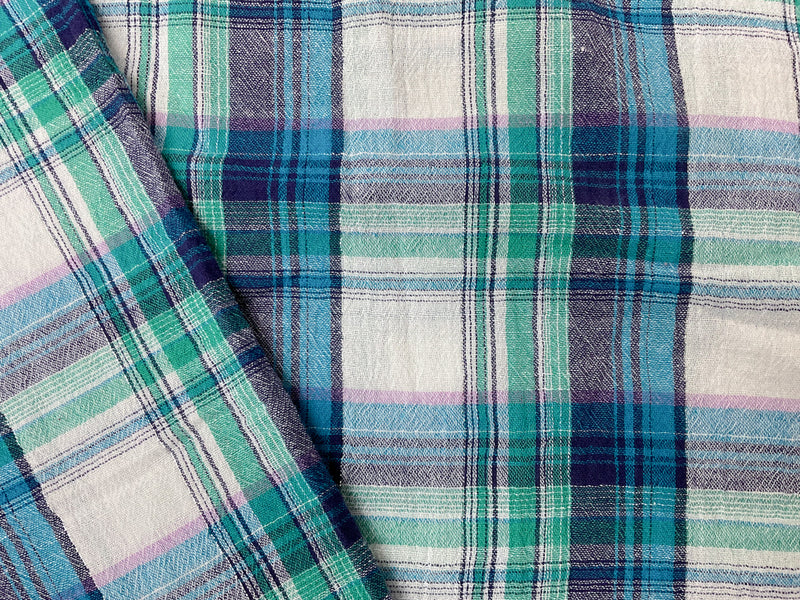 Blue-Silver-Multi Cotton Lurex Plaid Crinkled Gauze Woven Fabric