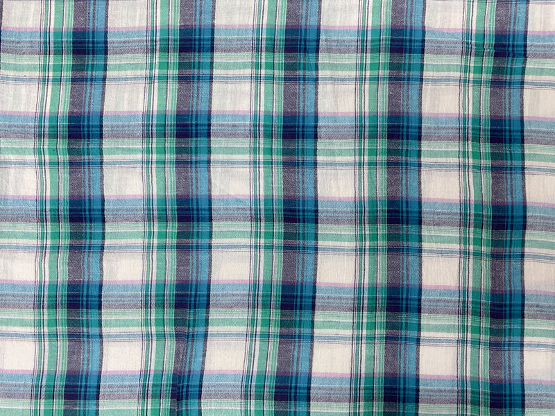 Blue-Silver-Multi Cotton Lurex Plaid Crinkled Gauze Woven Fabric