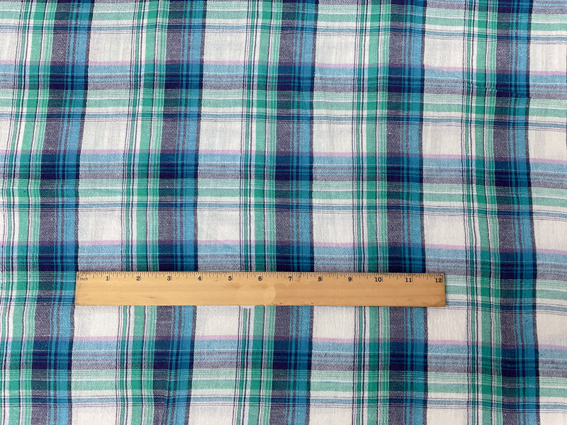Blue-Silver-Multi Cotton Lurex Plaid Crinkled Gauze Woven Fabric