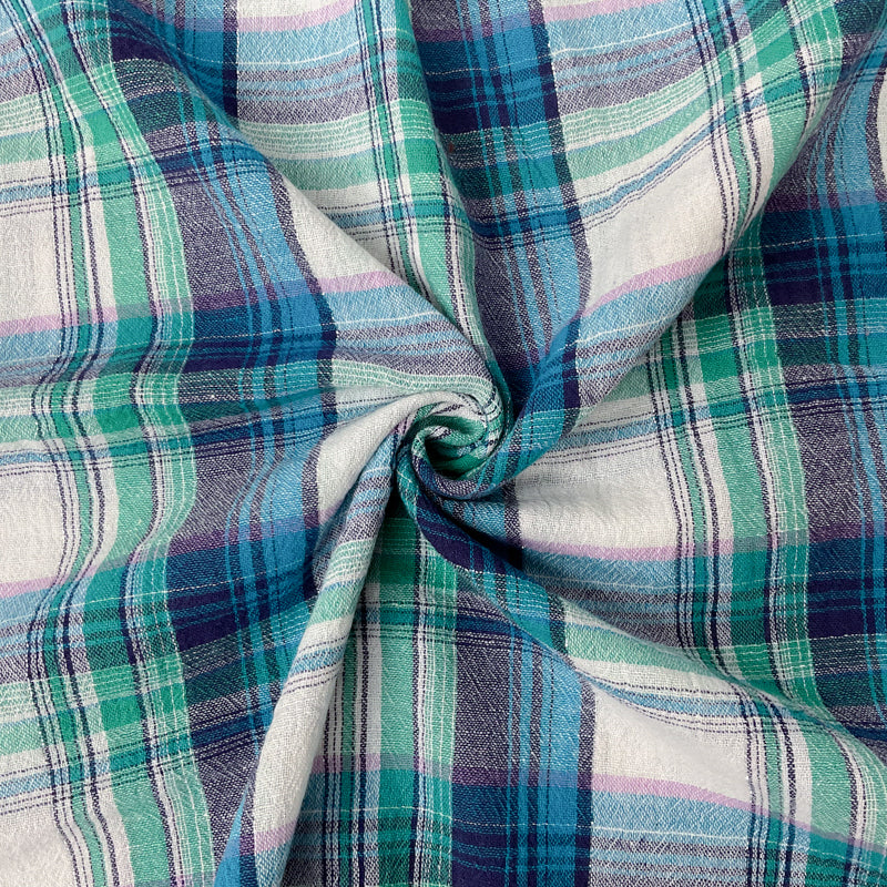 Blue-Silver-Multi Cotton Lurex Plaid Crinkled Gauze Woven Fabric