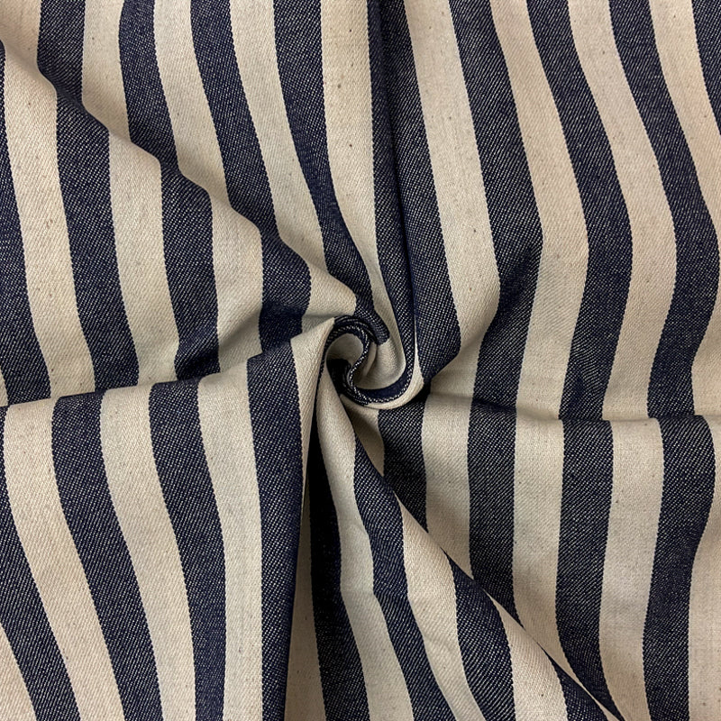 Ivory-Dark Navy Cotton Stripe Twill Woven Fabric