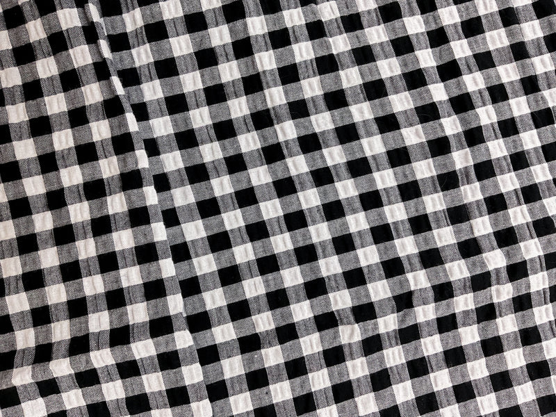 Black Cotton Gingham-Check Plisse Woven Fabric