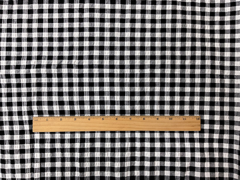 Black Cotton Gingham-Check Plisse Woven Fabric