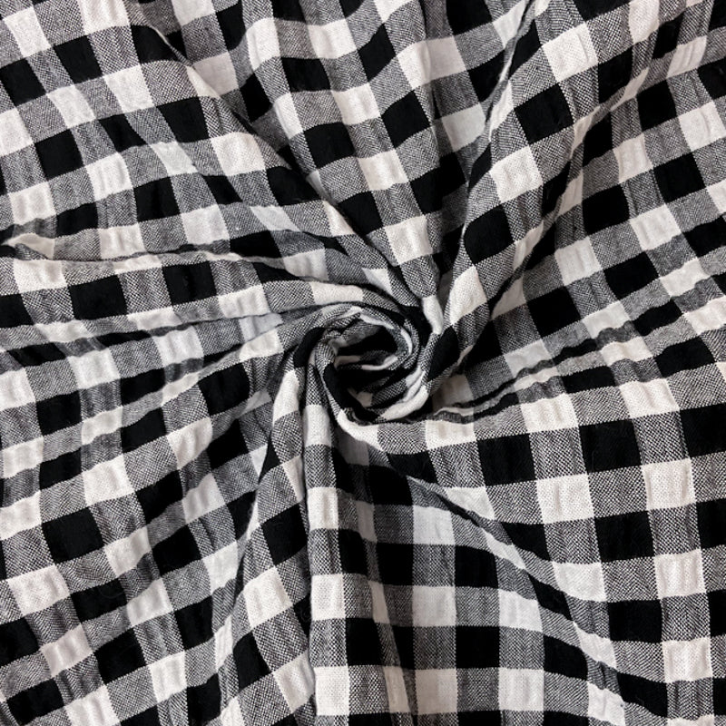 Black Cotton Gingham-Check Plisse Woven Fabric