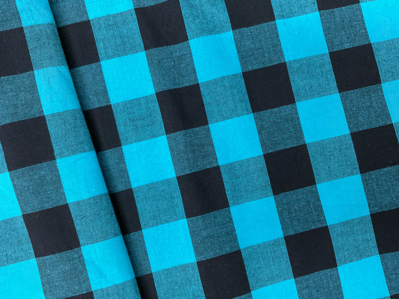 Blue-Black Cotton Spandex Check Gingham Woven Fabric