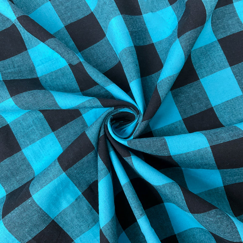 Blue-Black Cotton Spandex Check Gingham Woven Fabric