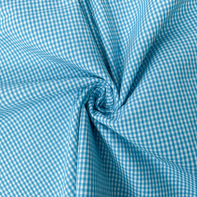 Blue-White Cotton Spandex Check Gingham Woven Fabric