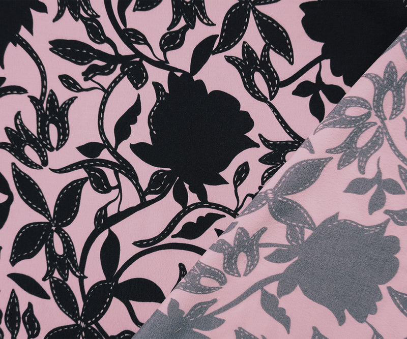 Pink-Black Viscose Floral Crepe Faille Famous Designer Fabric