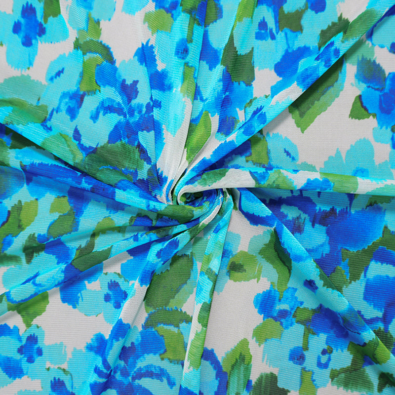 Blue Poly Elastic Floral Printed Mesh Knit Famous Designer Fabric