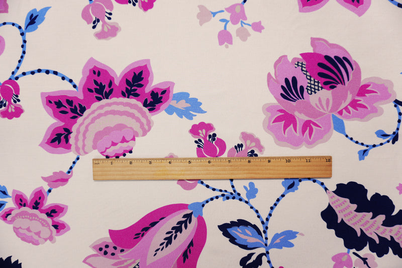 Ivory-Pink-Multi Viscose Floral Crepe Faille Designer Fabric