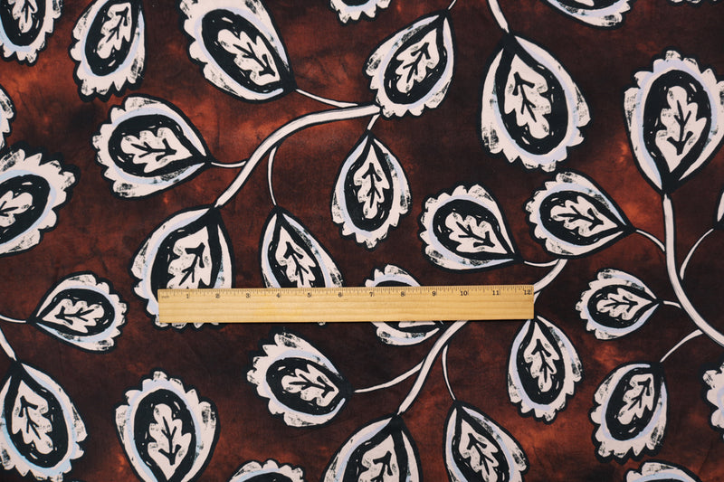 Brown-Multi Cupro Leaves Printed Woven Famous Designer Fabric