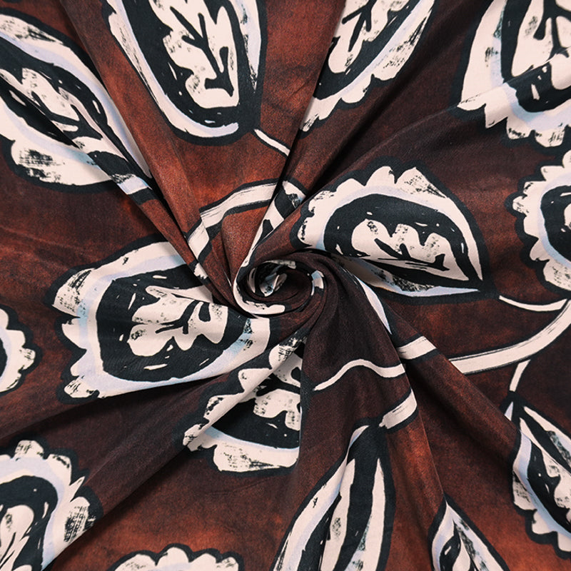Brown-Multi Cupro Leaves Printed Woven Famous Designer Fabric