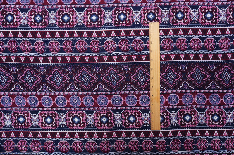 Deep Red-Navy Rayon Stripe Moroccan Crepon Famous Designer Fabric