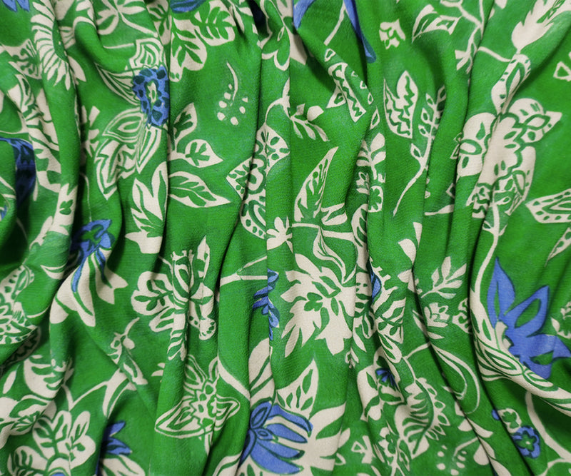 Green-Gray Viscose Floral Crepe Faille Famous Designer Fabric