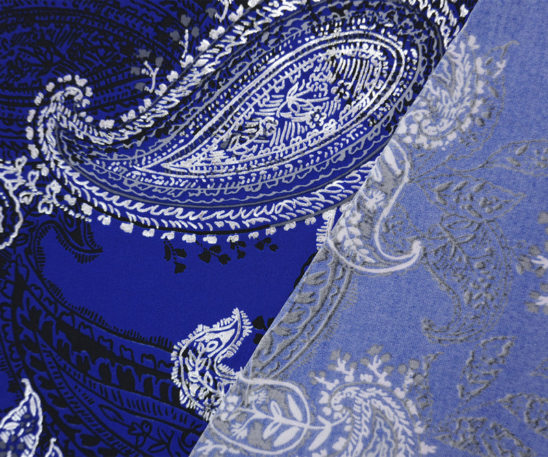 Blue-Silver Poly Blend Paisley Border ITY Knit Famous Designer Fabric