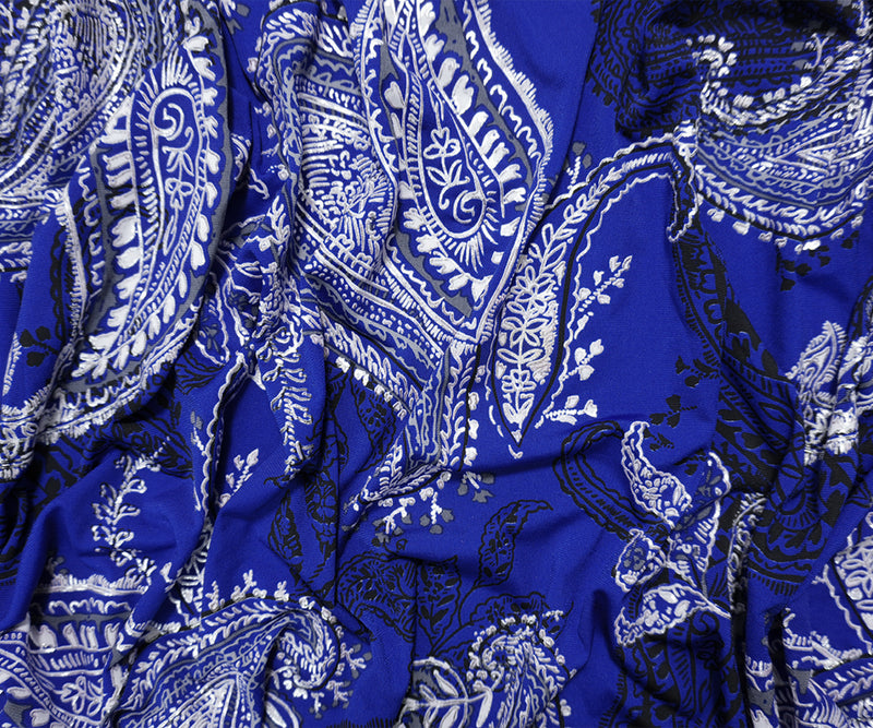 Blue-Silver Poly Blend Paisley Border ITY Knit Famous Designer Fabric