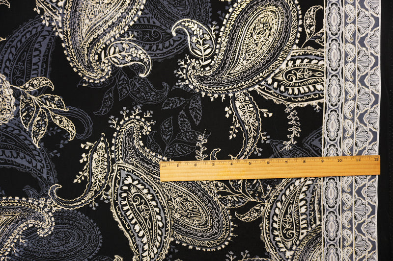 Black-Gold Poly Blend Paisley Border ITY Knit Famous Designer Fabric