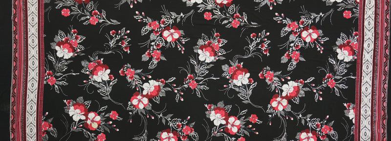 Black-Red Poly Blend Floral Border ITY Knit Designer Fabric