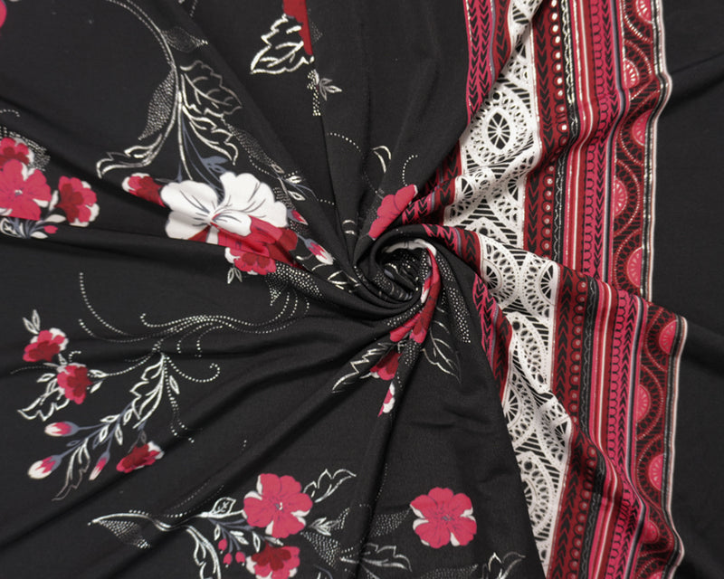 Black-Red Poly Blend Floral Border ITY Knit Designer Fabric