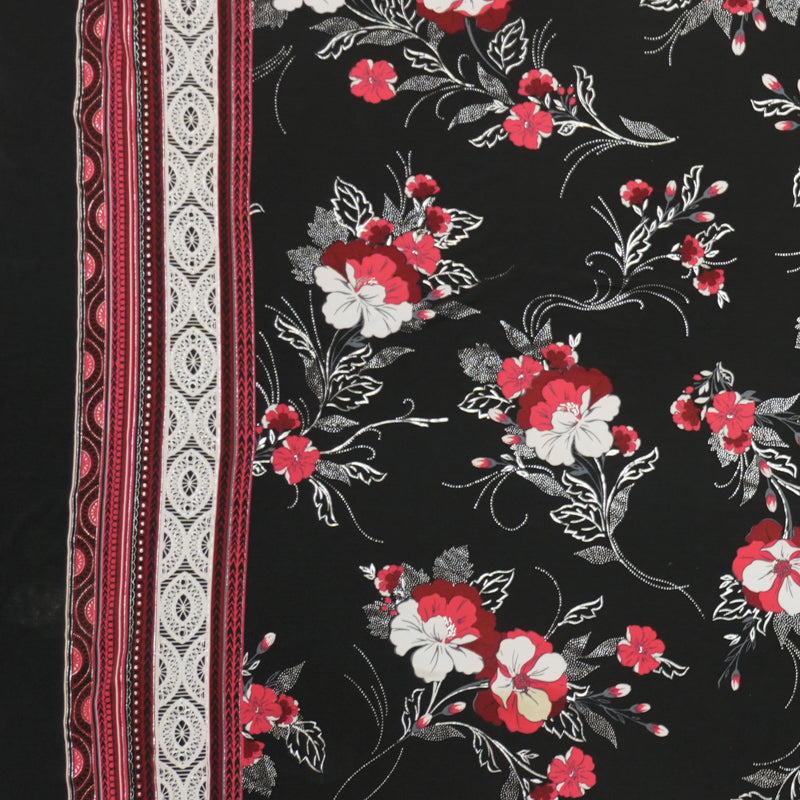 Black-Red Poly Blend Floral Border ITY Knit Designer Fabric