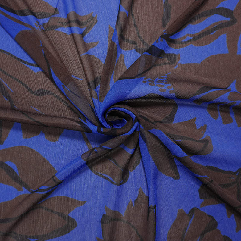 Blue-Brown Viscose Floral Crinkled Chiffon Famous Designer Fabric