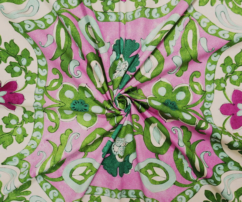 Pink-Green Cotton Floral Border PANEL Poplin Designer Fabric