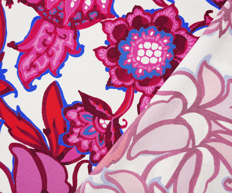 Pink-White-Multi Viscose Floral Crepe Faille Designer Fabric